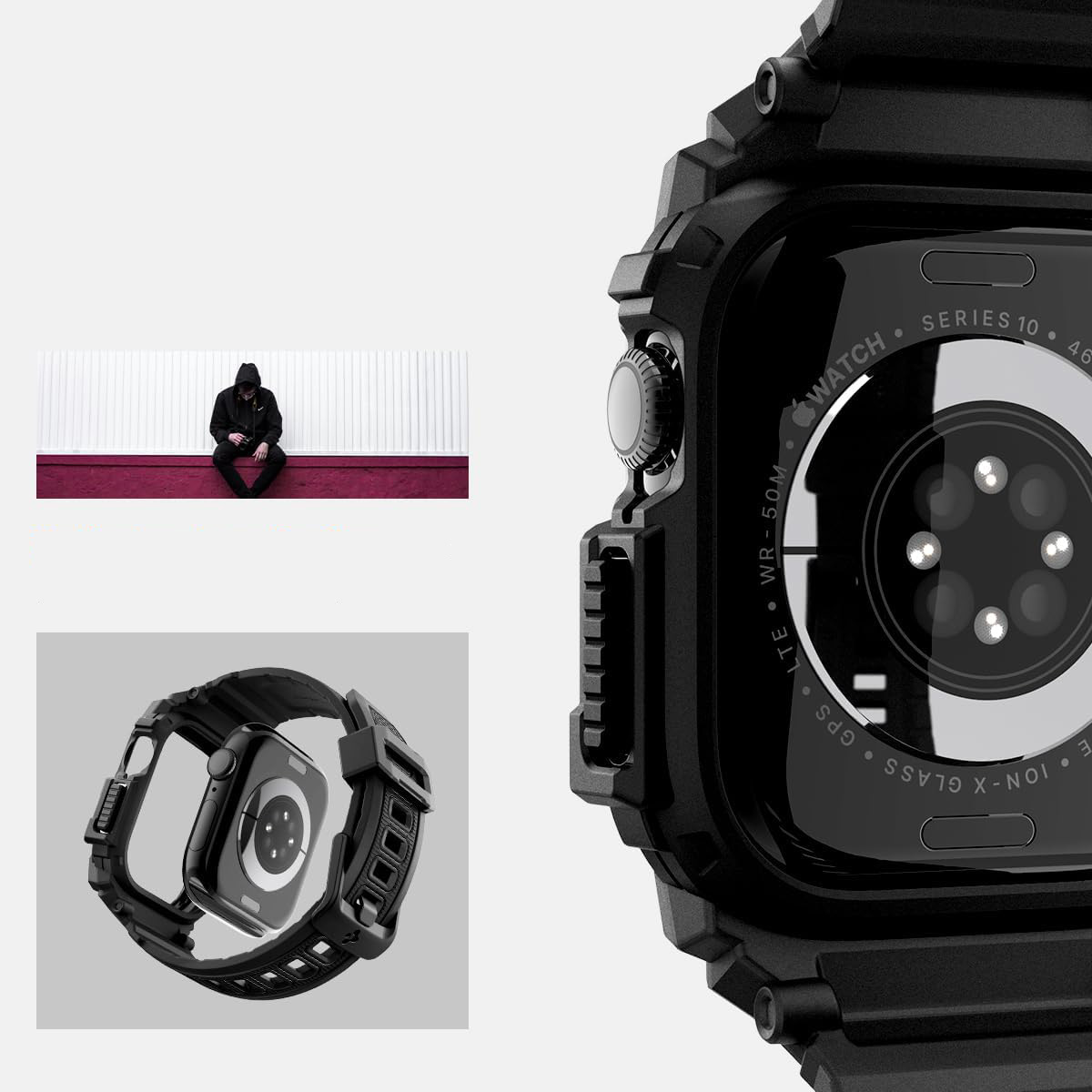 Etui z paskiem Spigen Rugged Armor Pro do Apple Watch 10 46 mm, czarne